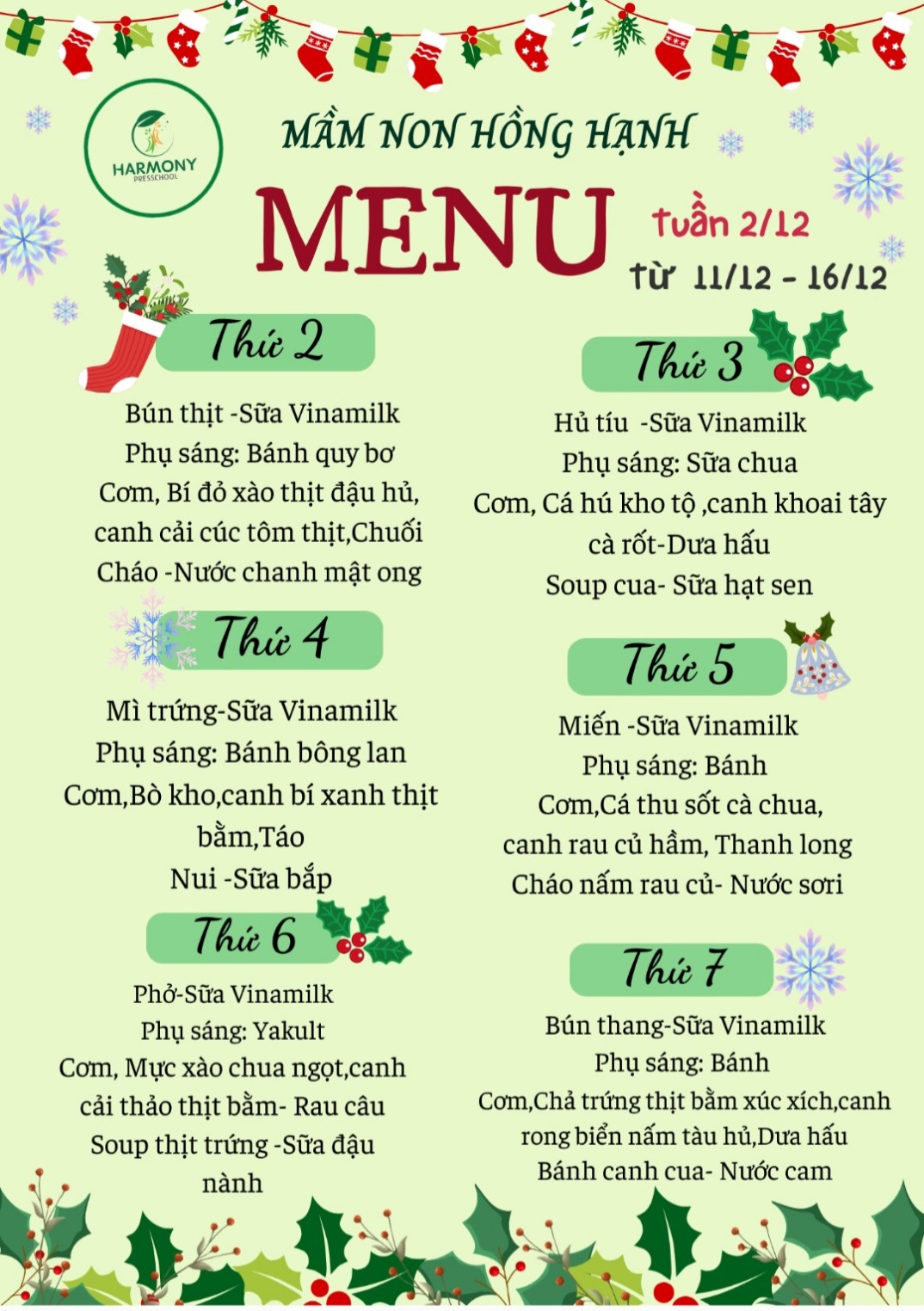 Thực đơn tuần 2 tháng 12