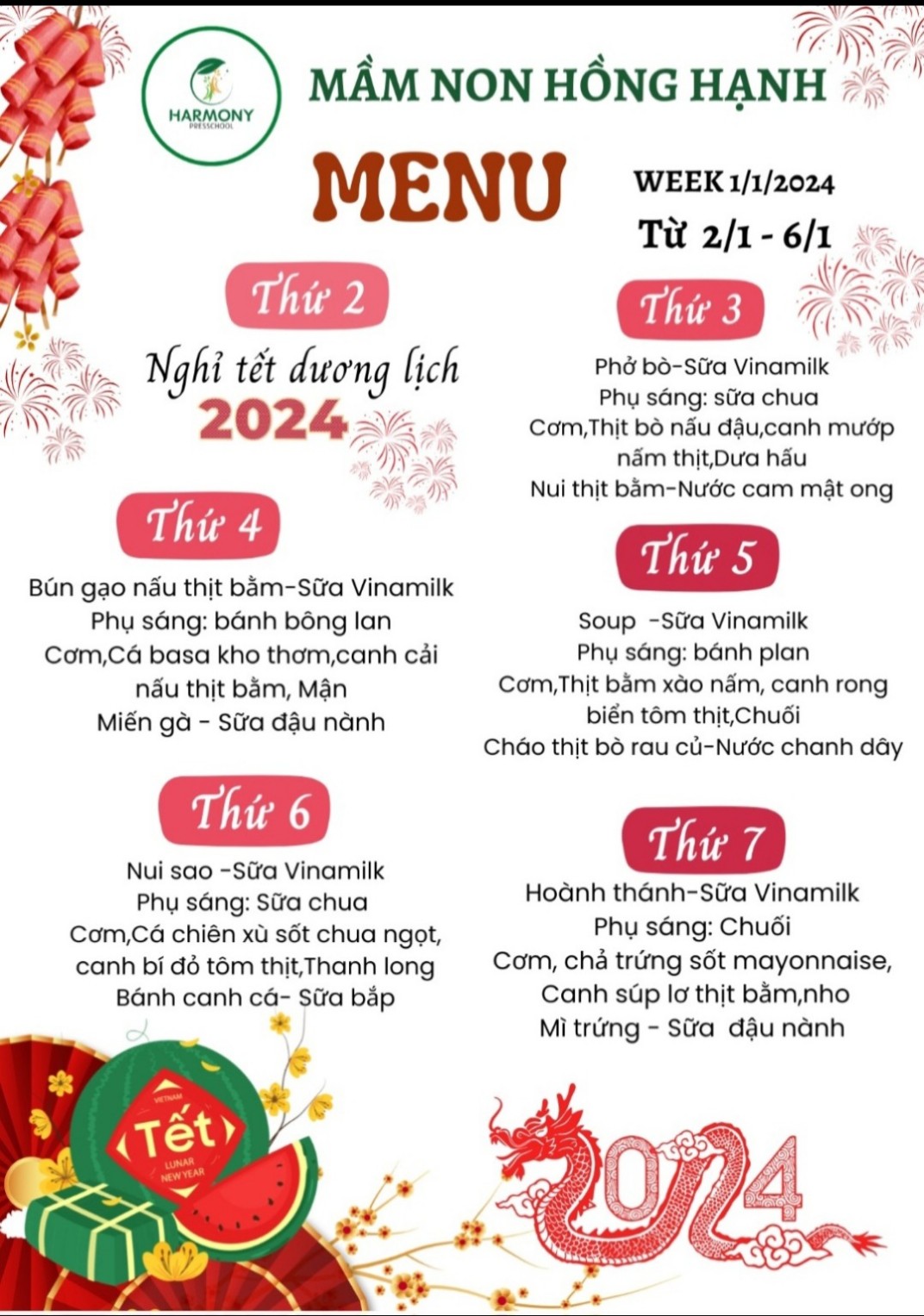Thực đơn Tuần 1 tháng 1 năm 2024