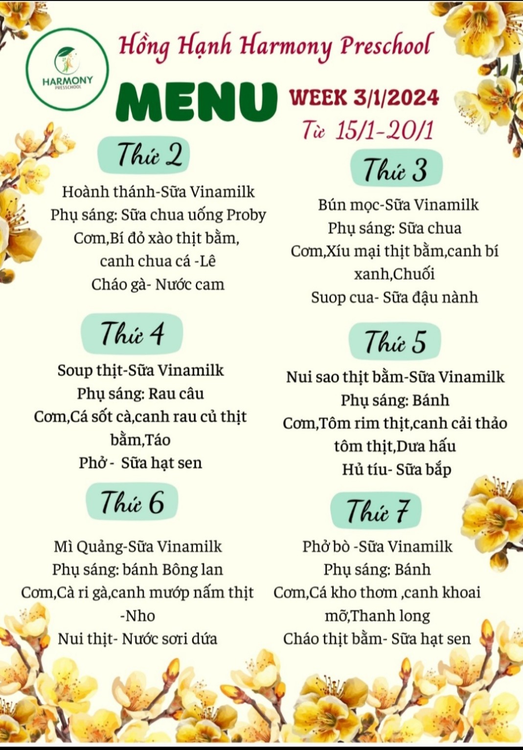Thực đơn tuần 3 tháng 1 năm 2024